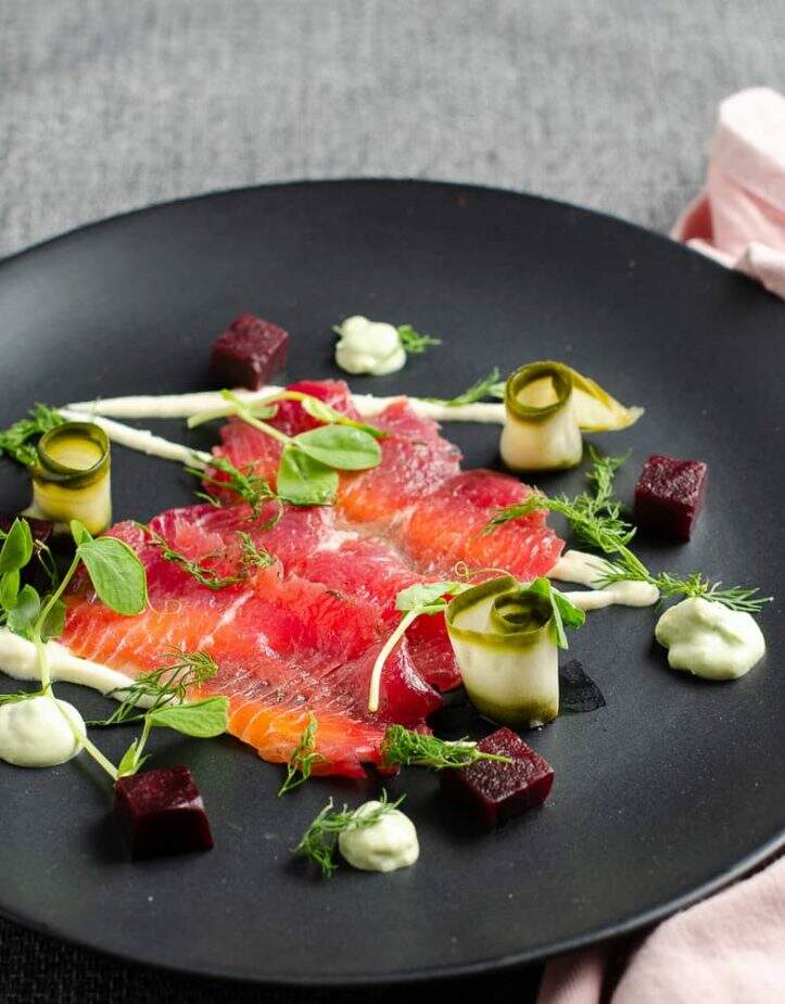 beetroot cured salmon with pickled cucumber, horseradish & avocado lost in food